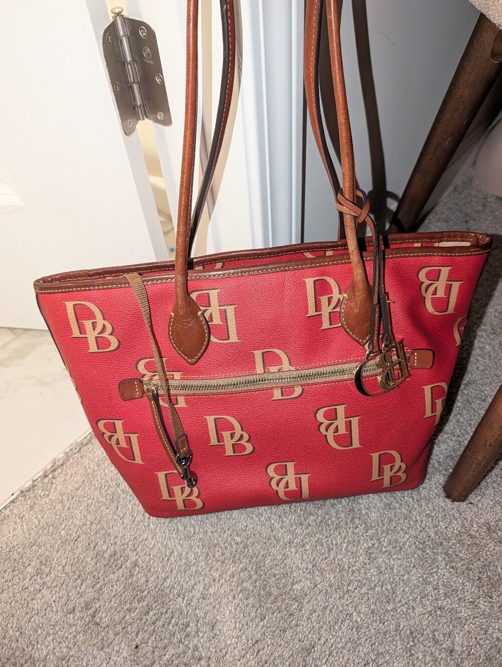 Dooney & Bourke Red Logo-Print Tote with Tan Trim
